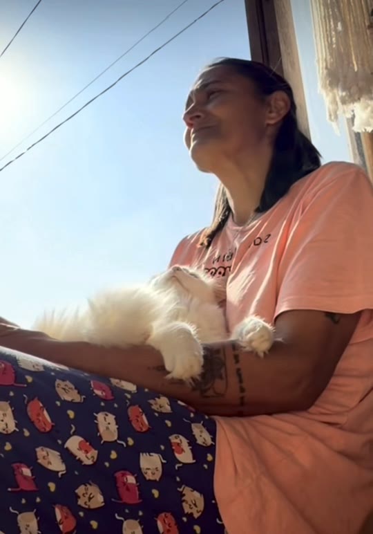 Maguinha sentada ao sol, de olhos fechados, com o Melvin, gato branco de pelo longo, no colo